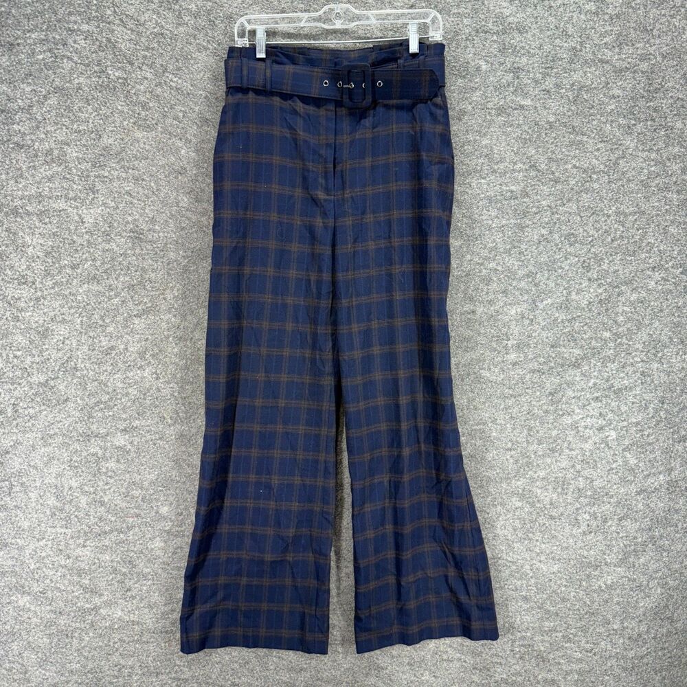 Alex Marie Dress Pants Women 8 Blue Plaid Wide Leg High Rise Belted Pockets